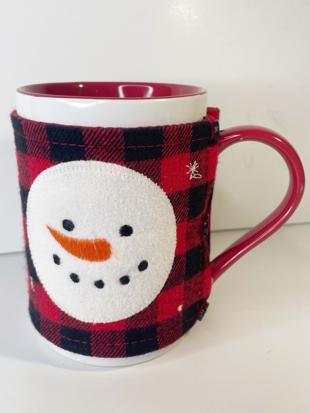 Ceramic Holiday Mug + Snowman Buffalo Check Plaid Coozie Sleeve Flannel Whimsy